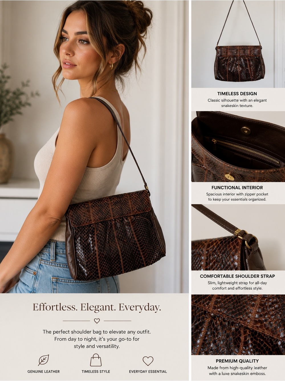 Vintage Coret Montreal Canada Genuine Snakeskin Leather Shoulder Bag Brown